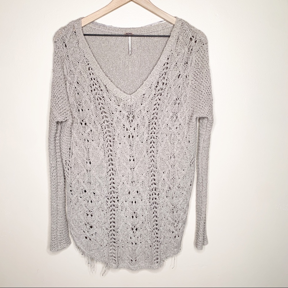 Free People Beige Loose Cable Knit V Neck sweater